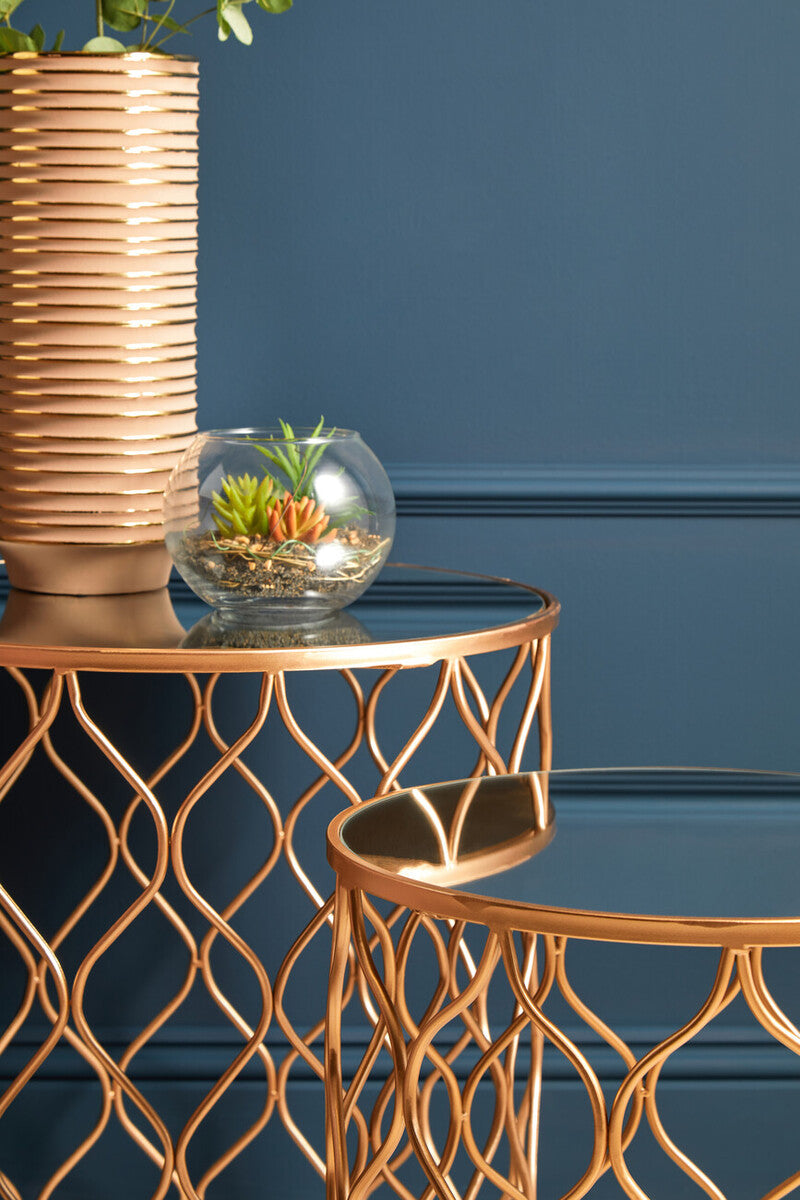 Set of 2 White Mirrored Top and Gold Copper Base Tables | Avantis
