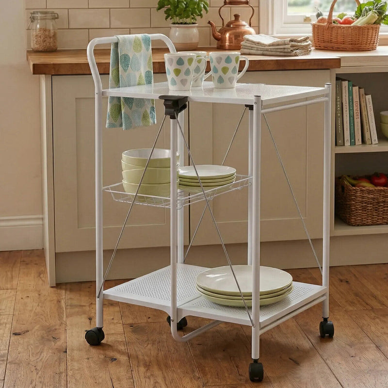 White Rectangular Folding Kitchen Trolley with Storage Basket | Harlow