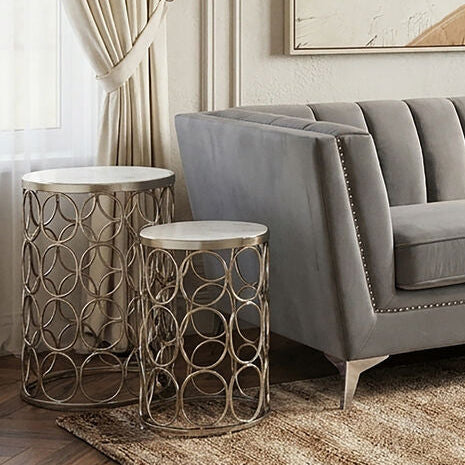 Set of 2 White Marble Top Side Tables with Gold Nickel Finish Metal Base | Templar