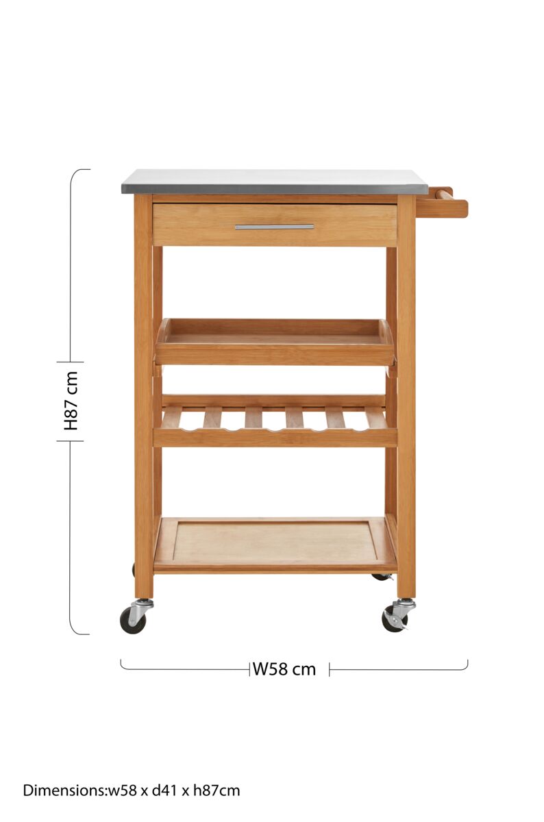 Natural Bamboo One Drawer Kitchen Trolley with Stainless Steel Worktop | Harlow