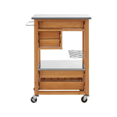 Natural Bamboo Four Drawer Kitchen Trolley with Stainless Steel Worktop | Harlow