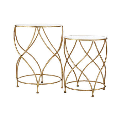 Round White Mirror Tops Nesting Side Tables with Gold Curved Metal Leg | Marcia