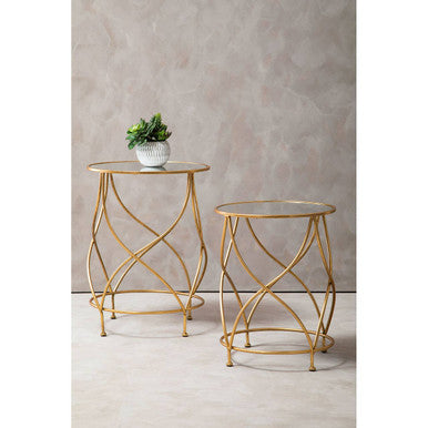 Round White Mirror Tops Nesting Side Tables with Gold Curved Metal Leg | Marcia