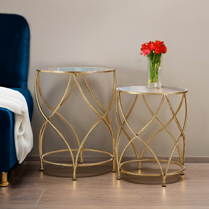 Round White Mirror Tops Nesting Side Tables with Gold Curved Metal Leg | Marcia