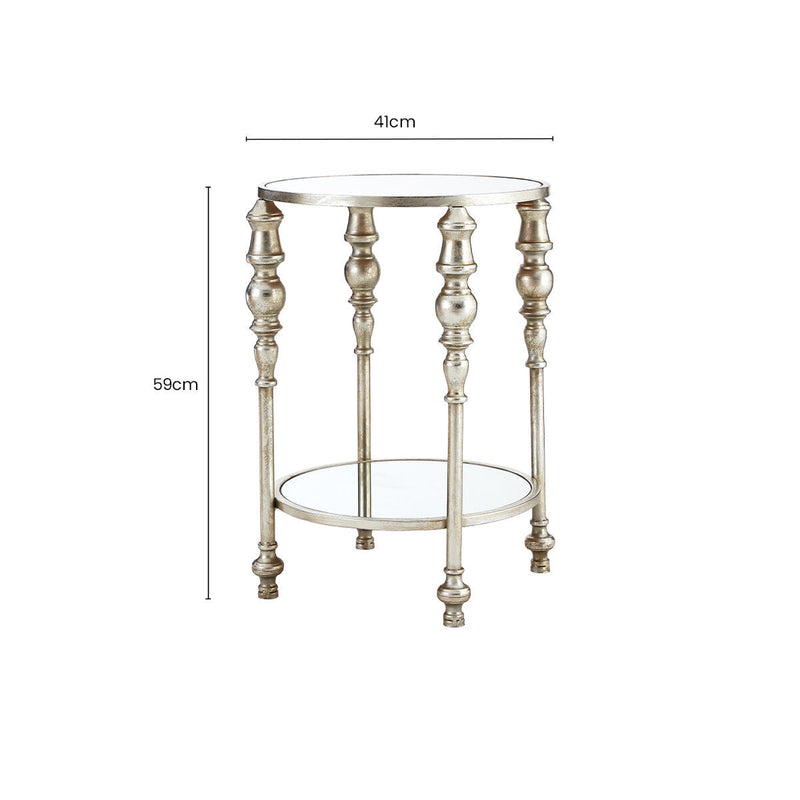 Mirrored Glass Top Two-Tier Side Table with Silver Metal Legs, Marcia
