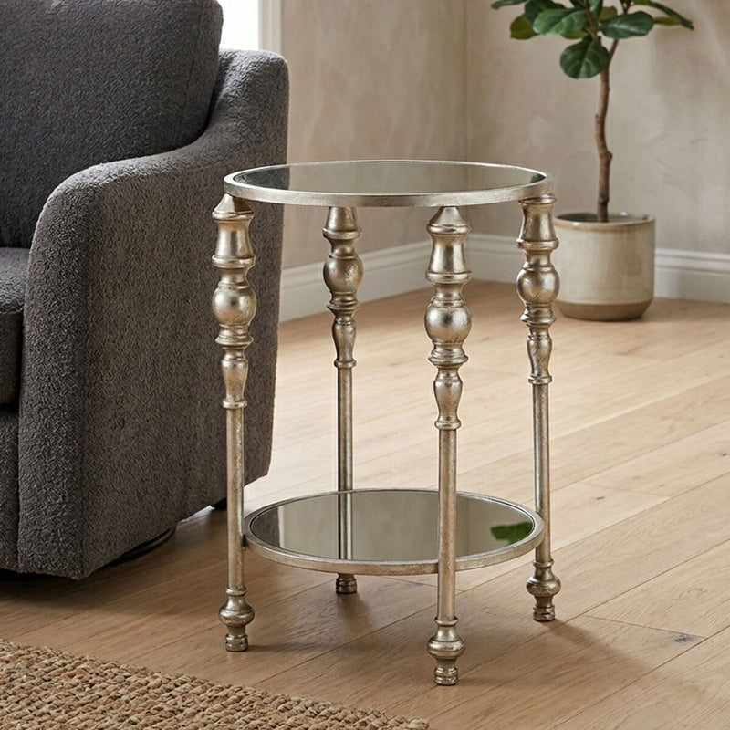Mirrored Glass Top Two-Tier Side Table with Silver Metal Legs, Marcia