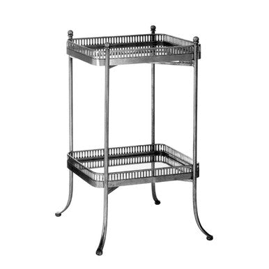 Antique Silver Finish Mirrored Tray Table with 2 Removable Trays and Lattice Detail Iron Frame | Reza