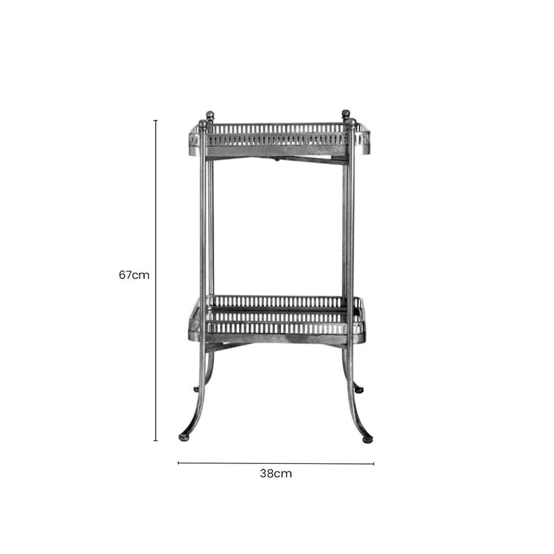 Antique Silver Finish Mirrored Tray Table with 2 Removable Trays and Lattice Detail Iron Frame | Reza