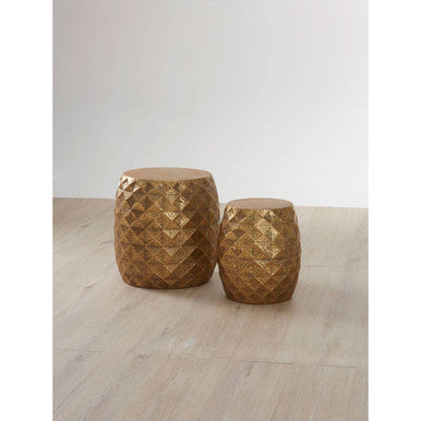 Set of 2 Antique Gold Textured Stools and Table | Reza