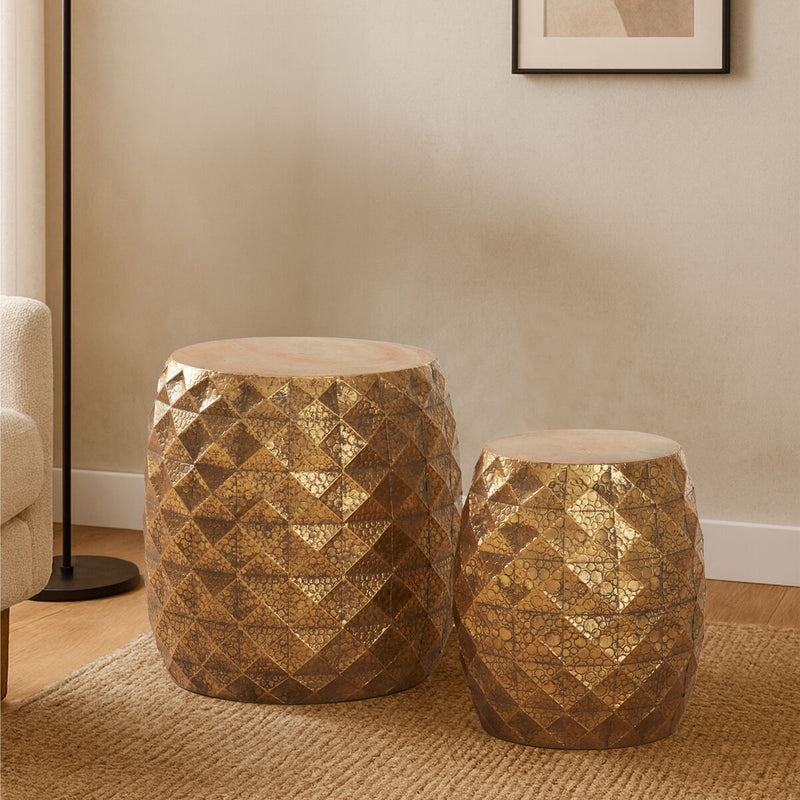 Set of 2 Antique Gold Textured Stools and Table | Reza