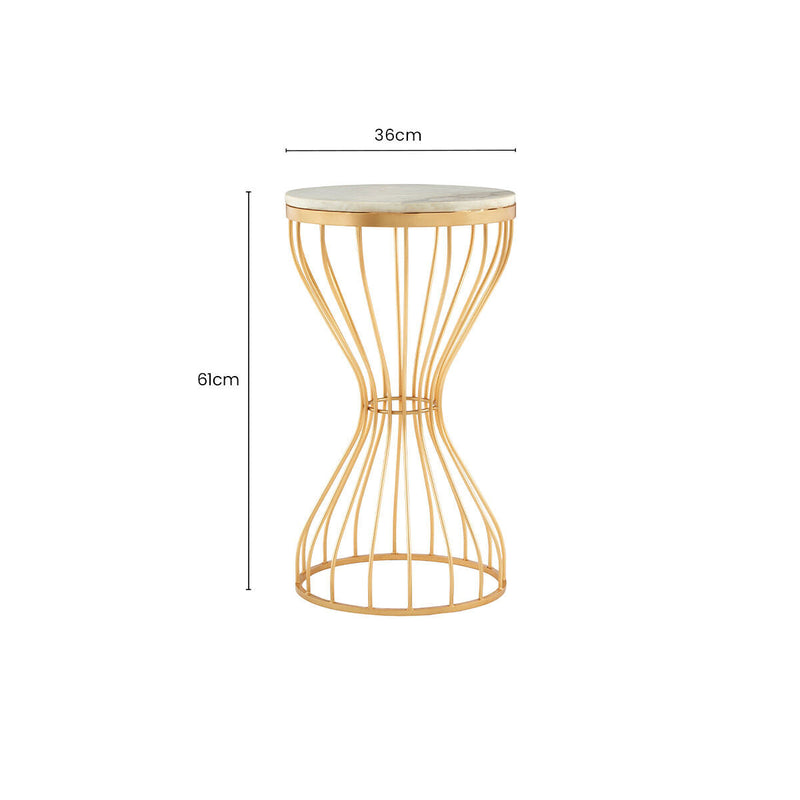 White Marble Round Top Side Table with Gold Iron Hourglass Iron Base | Templar