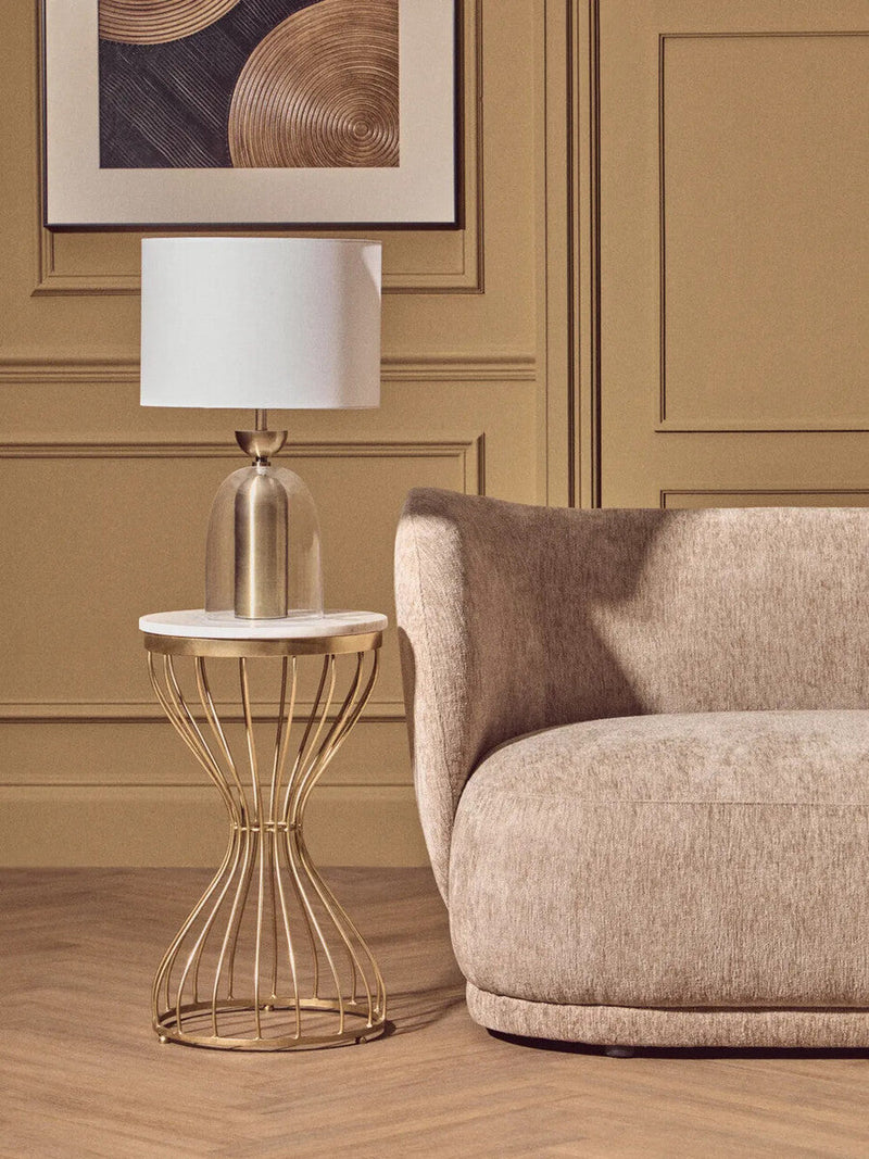 White Marble Round Top Side Table with Gold Iron Hourglass Iron Base | Templar
