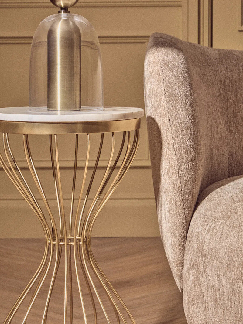 White Marble Round Top Side Table with Gold Iron Hourglass Iron Base | Templar