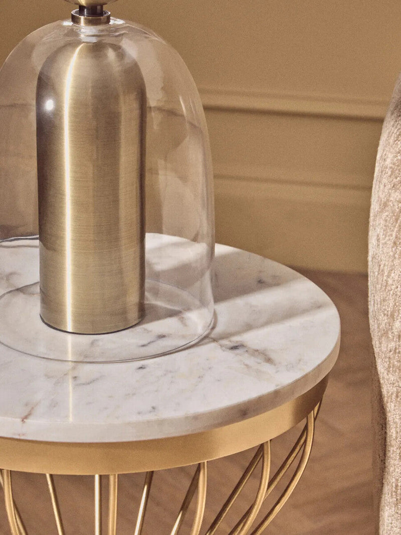 White Marble Round Top Side Table with Gold Iron Hourglass Iron Base | Templar