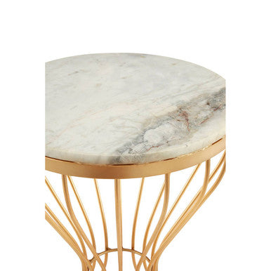 White Marble Round Top Side Table with Gold Iron Hourglass Iron Base | Templar