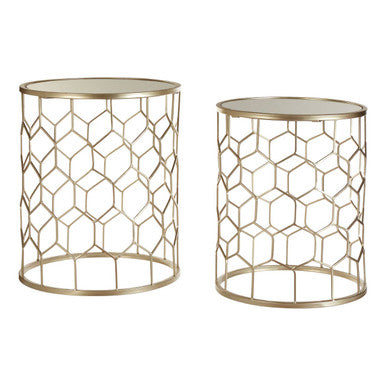 Set of 2 Mirrored Glass Top Honeycomb Side Tables with Gold Metal Frame | Arcana