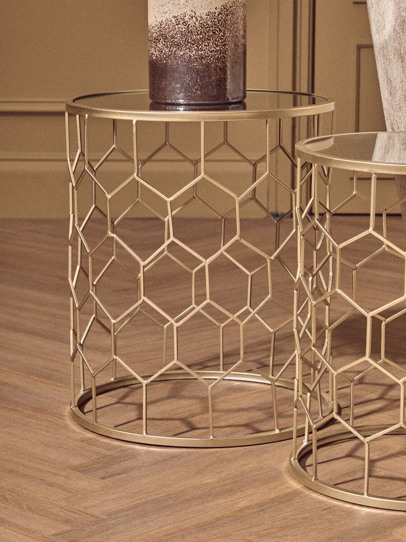 Set of 2 Mirrored Glass Top Honeycomb Side Tables with Gold Metal Frame | Arcana