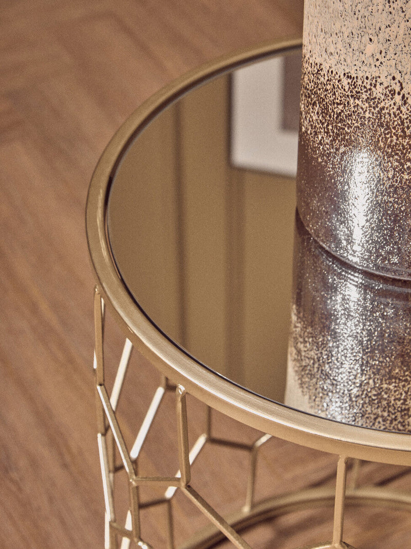 Set of 2 Mirrored Glass Top Honeycomb Side Tables with Gold Metal Frame | Arcana