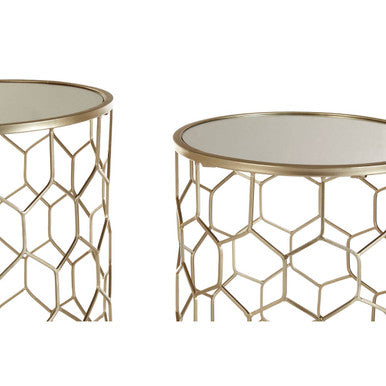 Set of 2 Mirrored Glass Top Honeycomb Side Tables with Gold Metal Frame | Arcana