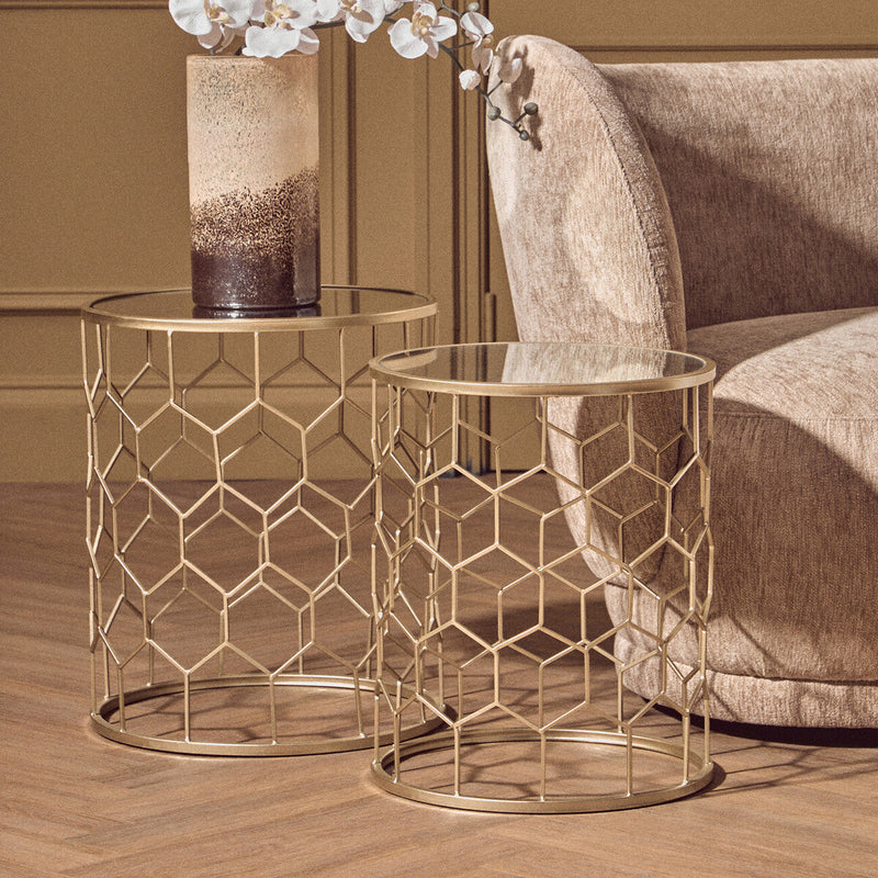 Set of 2 Mirrored Glass Top Honeycomb Side Tables with Gold Metal Frame | Arcana