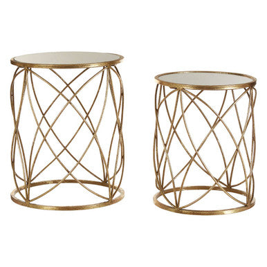 Set of 2 Round Mirrored Glass Top Side Tables with Gold Metal Frame | Arcana