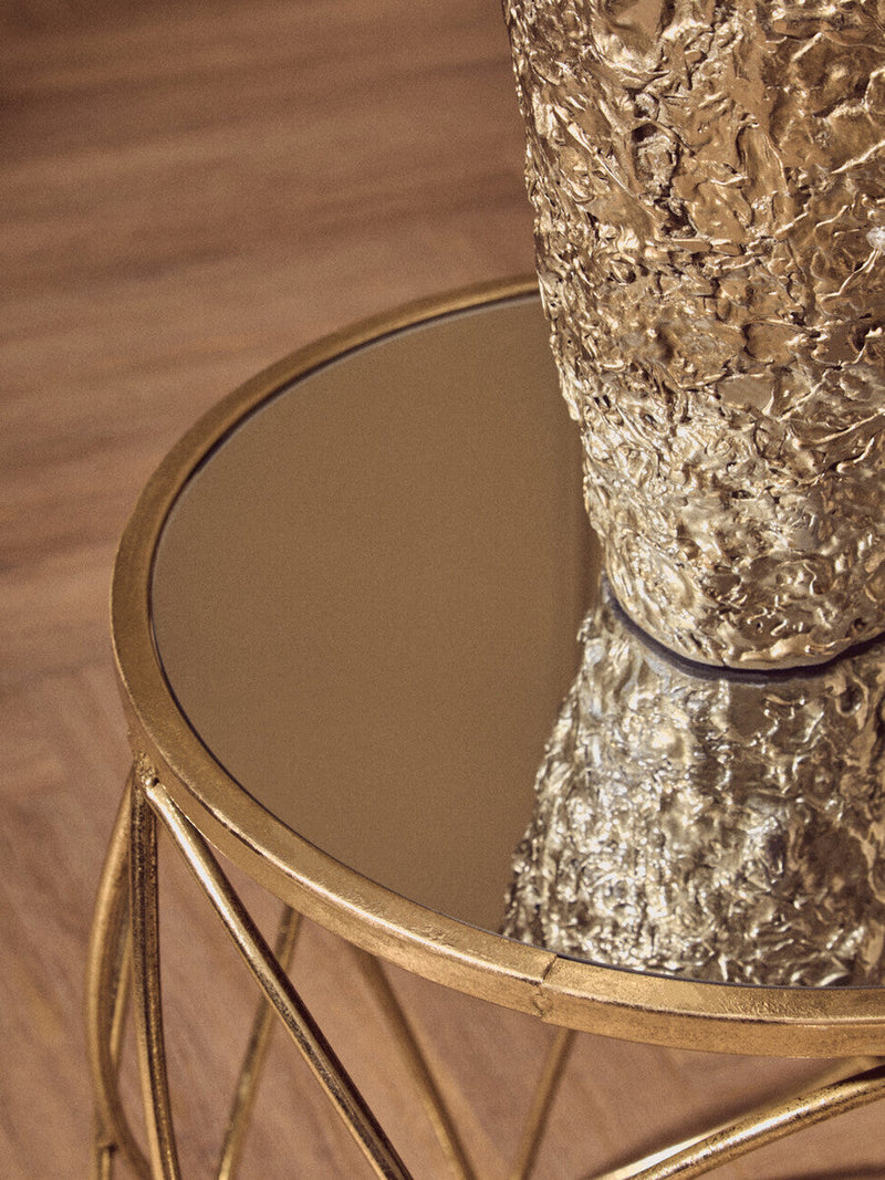 Set of 2 Round Mirrored Glass Top Side Tables with Gold Metal Frame | Arcana