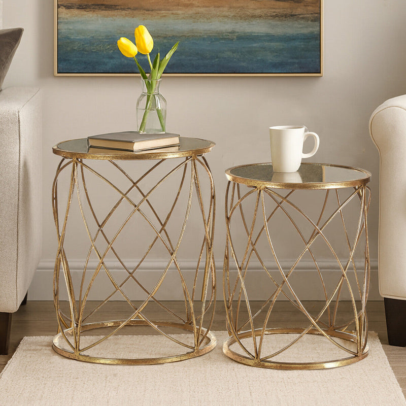 Set of 2 Round Mirrored Glass Top Side Tables with Gold Metal Frame | Arcana