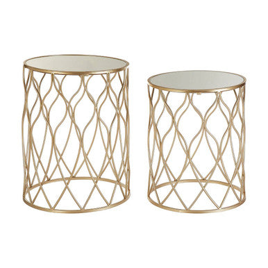 Set of 2 Mirrored Glass Top Side Tables with Gold Metal Frame | Arcana