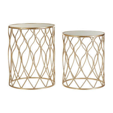Set of 2 Mirrored Glass Top Side Tables with Gold Metal Frame | Arcana