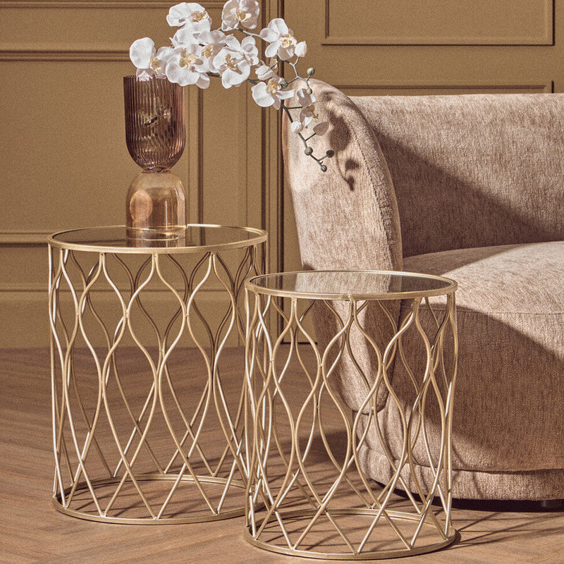 Set of 2 Mirrored Glass Top Side Tables with Gold Metal Frame | Arcana