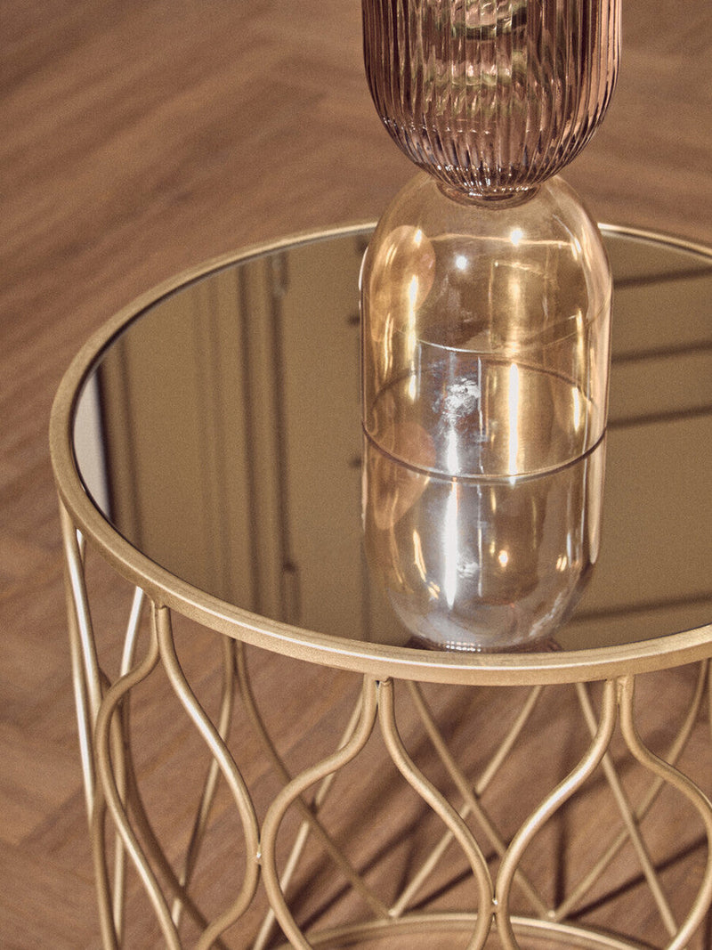 Set of 2 Mirrored Glass Top Side Tables with Gold Metal Frame | Arcana