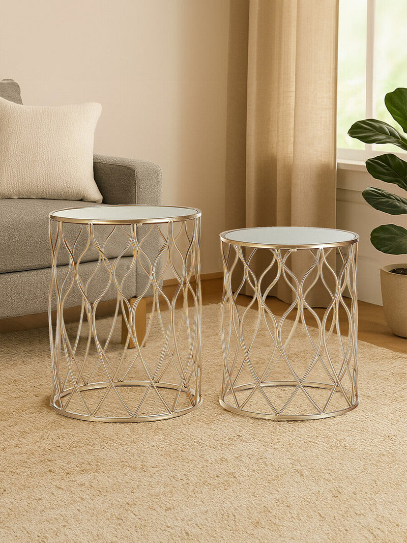Set of 2 Mirrored Glass Top Side Tables with Gold Metal Frame | Arcana