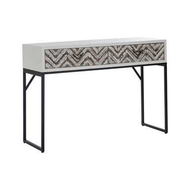 Natural Wood 2-Drawer Console Table with Geometric Assorted Front and Black Metal Legs | Lombok