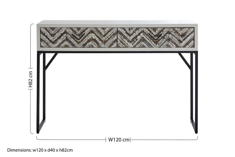 Natural Wood 2-Drawer Console Table with Geometric Assorted Front and Black Metal Legs | Lombok