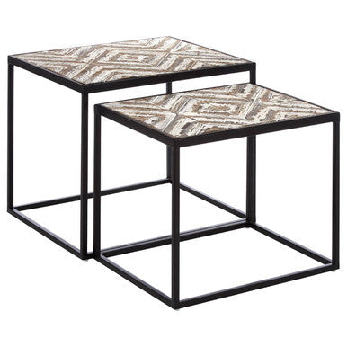 Set of 2 Natural Wood Geometric Top Side Tables with Black Metal Frame | Lombok
