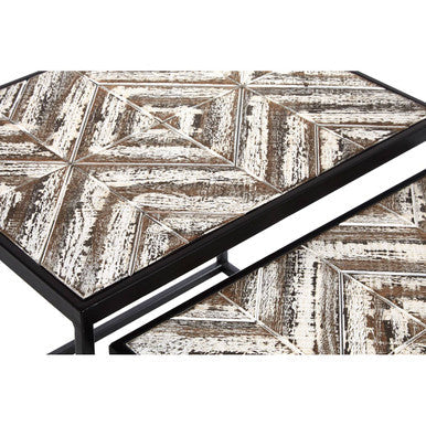 Set of 2 Natural Wood Geometric Top Side Tables with Black Metal Frame | Lombok