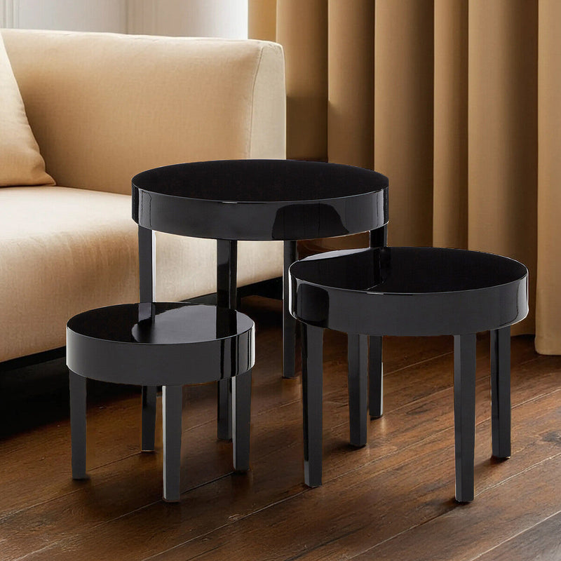 Set of Three Chunky Black High Gloss Round Tops Nesting Tables with Pine Wood Legs | Moritz