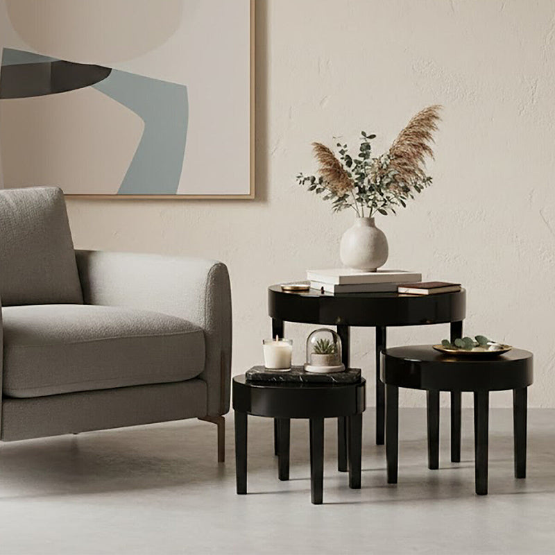 Set of Three Chunky Black High Gloss Round Tops Nesting Tables with Pine Wood Legs | Moritz
