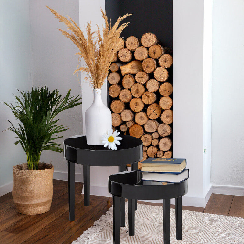 Set of Three Chunky Black High Gloss Round Tops Nesting Tables with Pine Wood Legs | Moritz