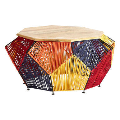 Multicoloured Woven Hexagon Base Coffee Table with Mango Wood Top | Fusion