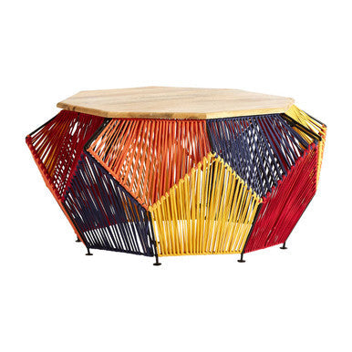 Multicoloured Woven Hexagon Base Coffee Table with Mango Wood Top | Fusion