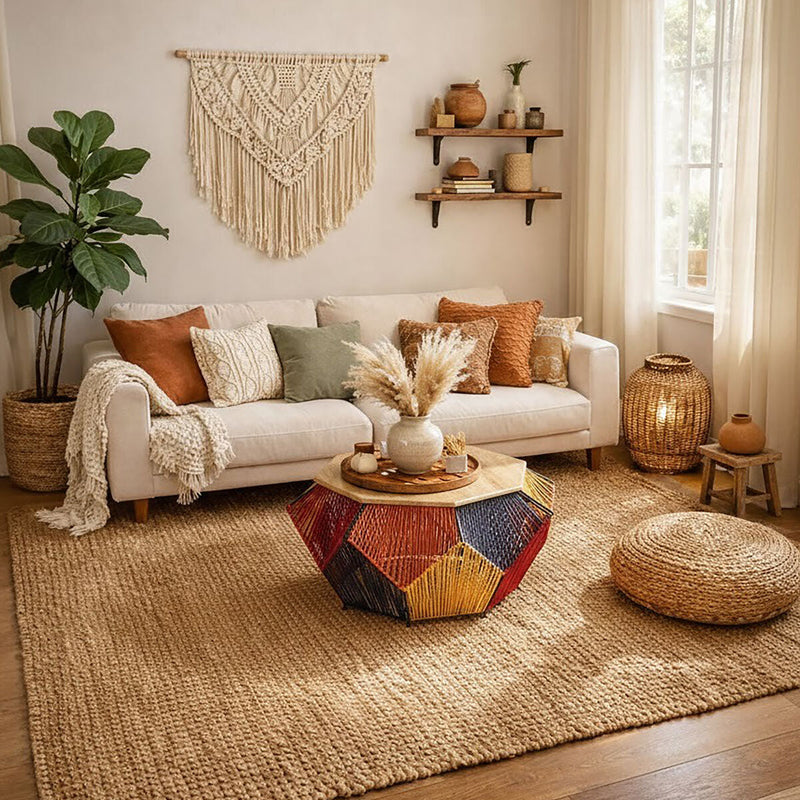 Multicoloured Woven Hexagon Base Coffee Table with Mango Wood Top | Fusion