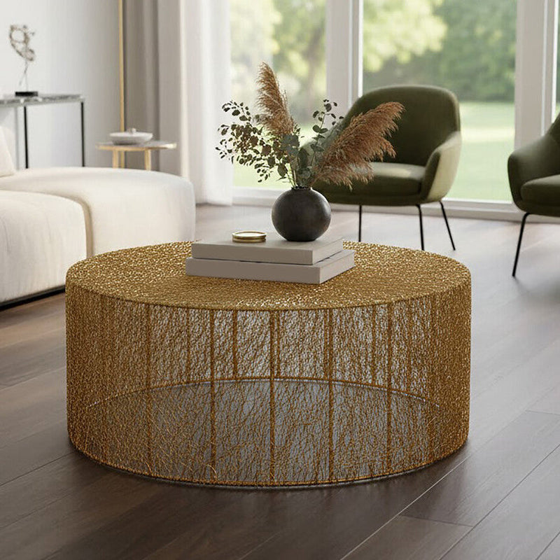 Gold Circular Iron Coffee Table with Gold Finish Vertical Line Frame | Templar