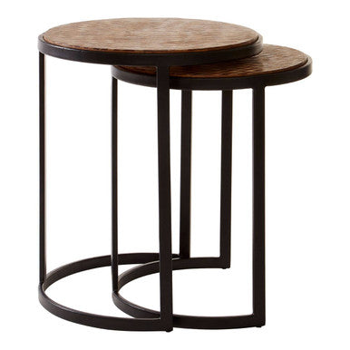 Set of Two Handcrafted Chevron Natural Wood Top Nesting Tables with Black Iron Legs | Halle