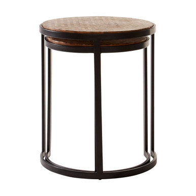 Set of Two Handcrafted Chevron Natural Wood Top Nesting Tables with Black Iron Legs | Halle