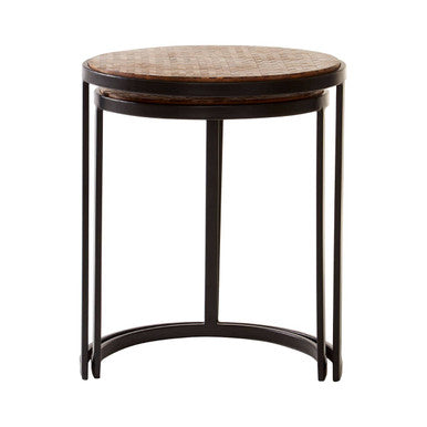 Set of Two Handcrafted Chevron Natural Wood Top Nesting Tables with Black Iron Legs | Halle