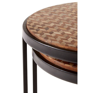 Set of Two Handcrafted Chevron Natural Wood Top Nesting Tables with Black Iron Legs | Halle