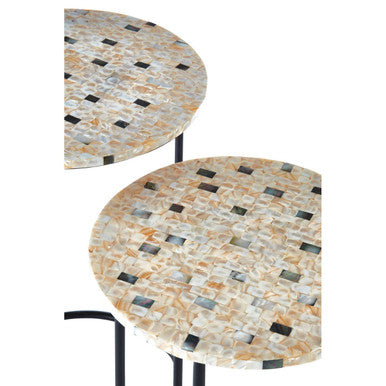 Set of 2 Mother of Pearl Mosaic Nesting Side Tables with Black Iron Legs | Halle
