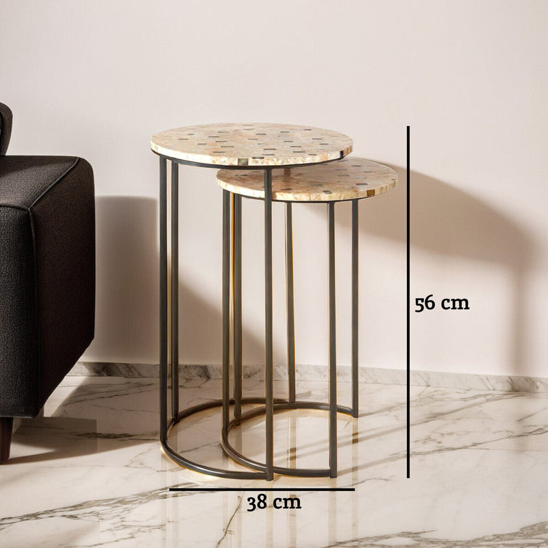 Set of 2 Mother of Pearl Mosaic Nesting Side Tables with Black Iron Legs | Halle