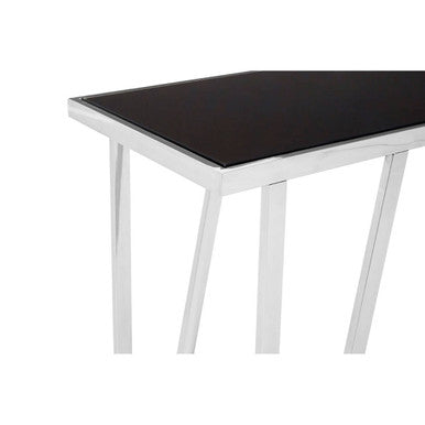 Black Tempered Glass Top Console Table with Reflective Chrome Silver Steel Base | Ackley
